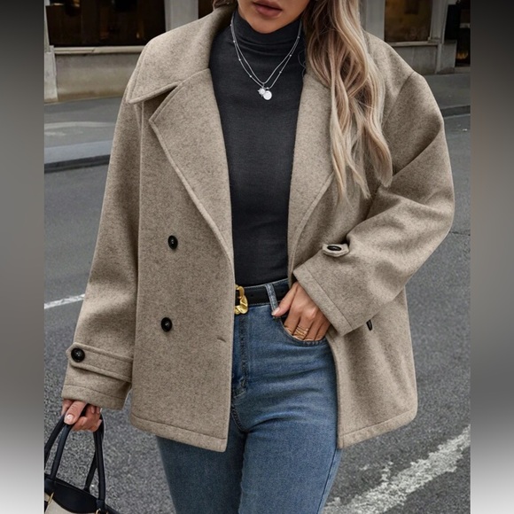 Minimalist preppy peacoat pea coat double breasted jacket tan camel - Picture 1 of 14